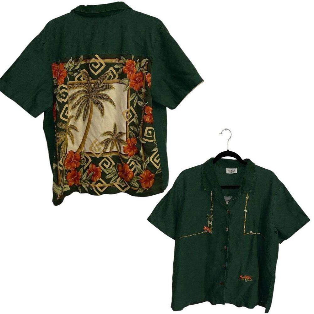 Vintage Teddi green button up floral embroidered blouse linen blend size 1x